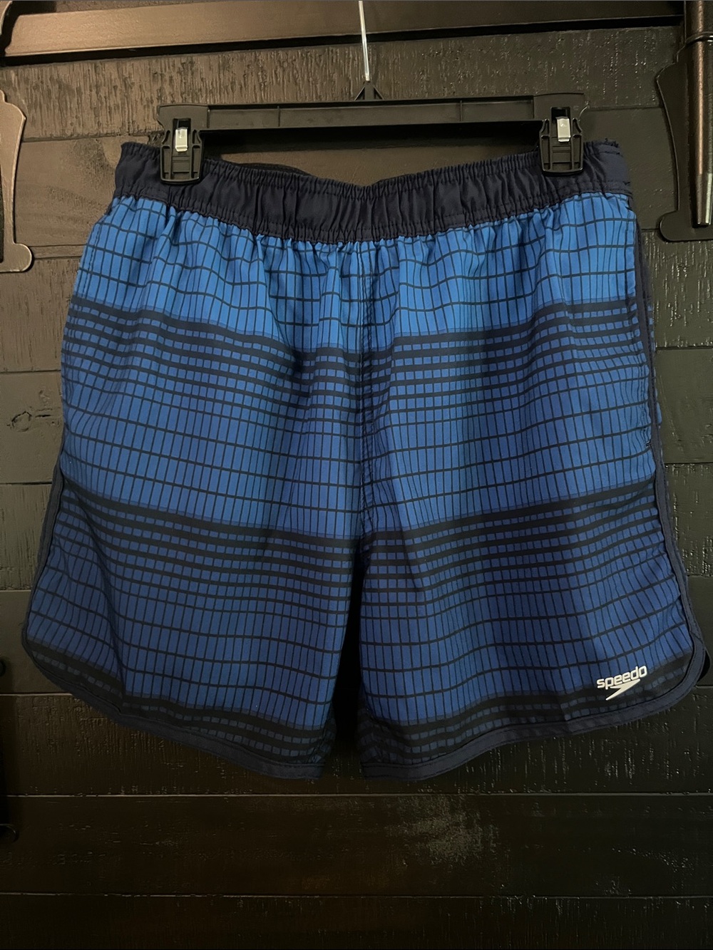 Speedo Navy and Blue Grid-Pattern Athletic Swim Shorts